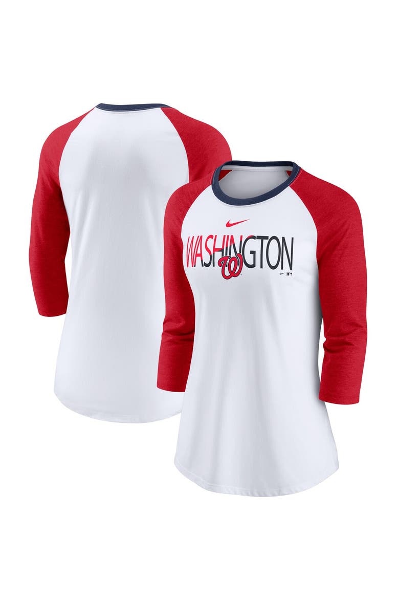 Women's Nike White/Heathered Red Washington Nationals Color Split Tri-Blend 3/4-Sleeve Raglan T-Shirt, Main, color, White