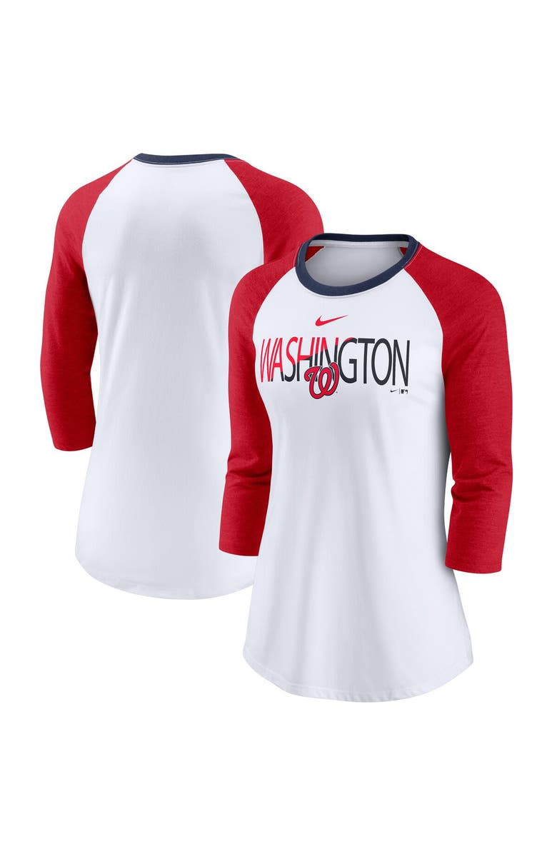 Nike Women's Nike White/Heathered Red Washington Nationals Color Split Tri-Blend 3/4-Sleeve Raglan T-Shirt, Main, color, White