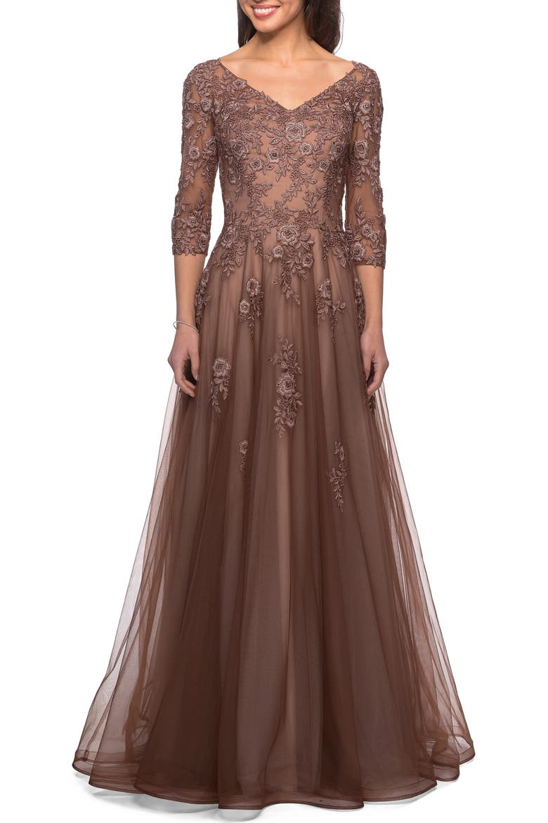 A-line Tulle Gown with Floral Lace Detail and V-Neck, Main, color, COCOA