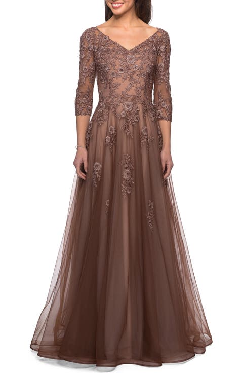 A-line Tulle Gown with Floral Lace Detail and V-Neck