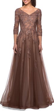La Femme A-line Tulle Gown with Floral Lace Detail and V-Neck