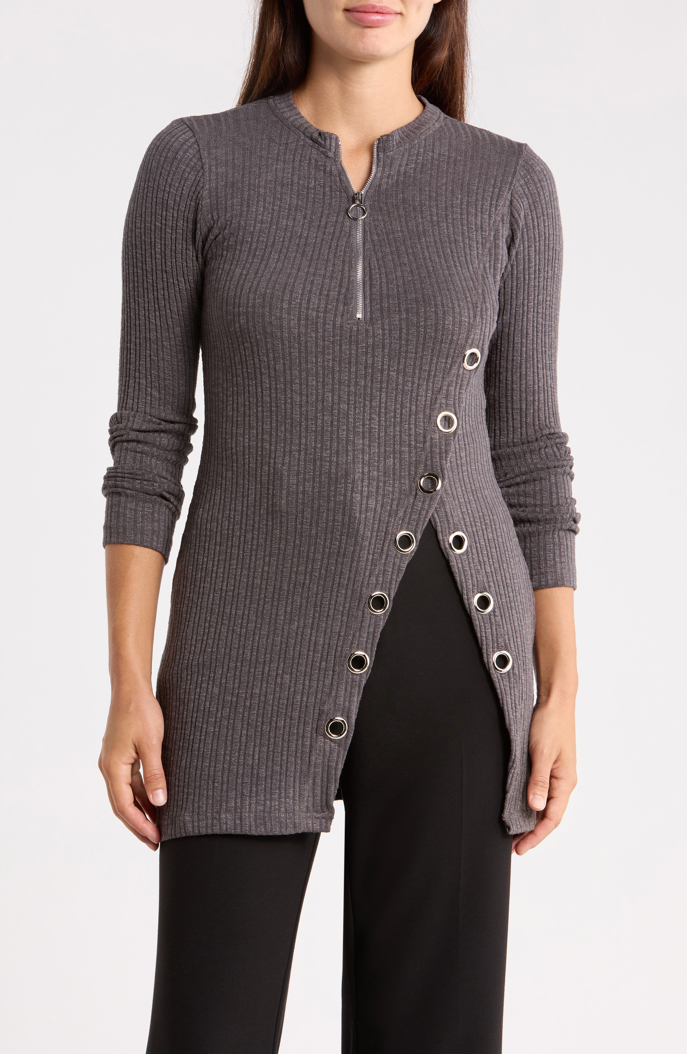 Grommet Half Zip Ribbed Tunic Top
