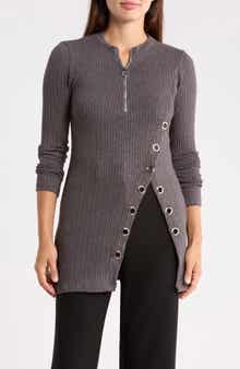Grommet Half Zip Ribbed Tunic Top