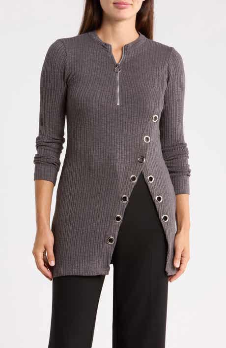 Grommet Half Zip Ribbed Tunic Top