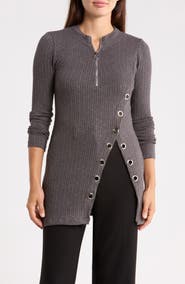 PATRIZIA LUCA Grommet Half Zip Ribbed Tunic Top