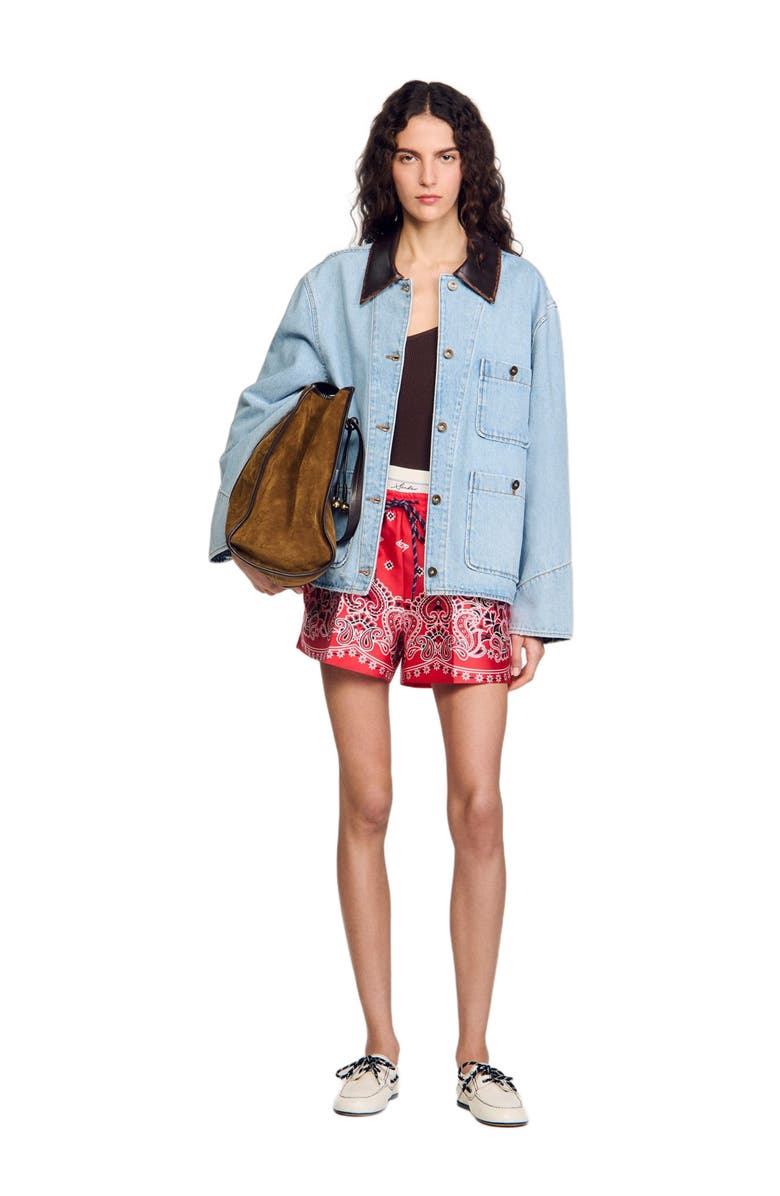 SANDRO Denim jacket with leather collar, Alternate, color,