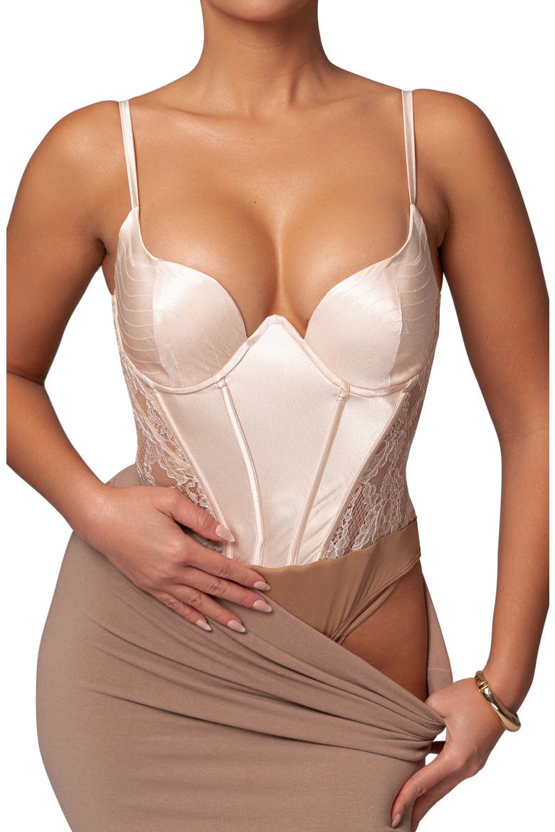 Incomparable Lace Inset Satin Bodysuit, Alternate, color, BEIGE