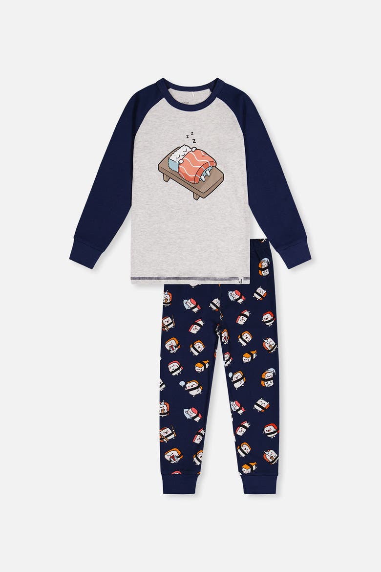 Sushi Organic Cotton Top Pants Two Piece Pajama Set, Main, color, Blue Sushi Print