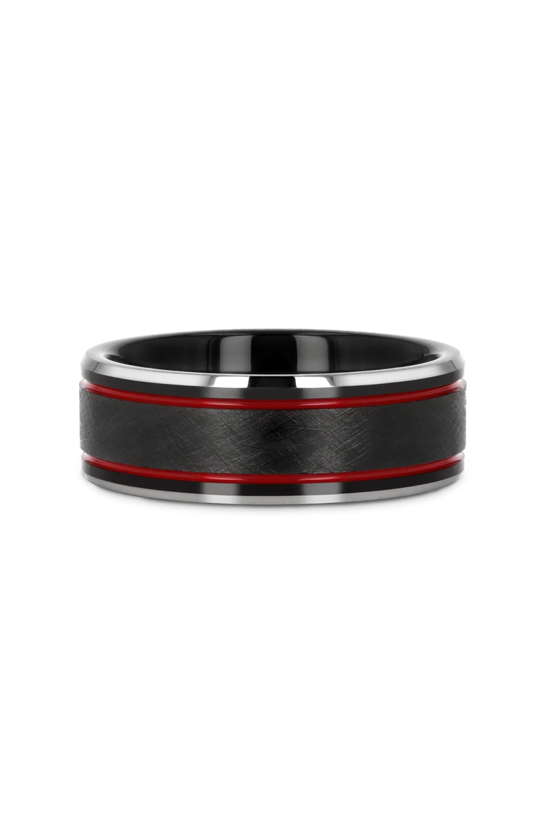 Larson Jewelers Olis Wire Finish Tungsten Wedding Band, Alternate, color, Black / Red