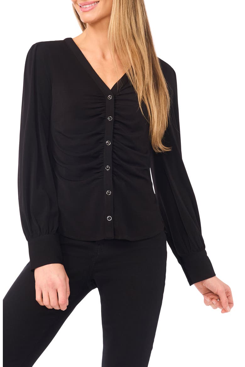 Shirred V-Neck Button-Up Shirt, Main, color, RICH BLACK