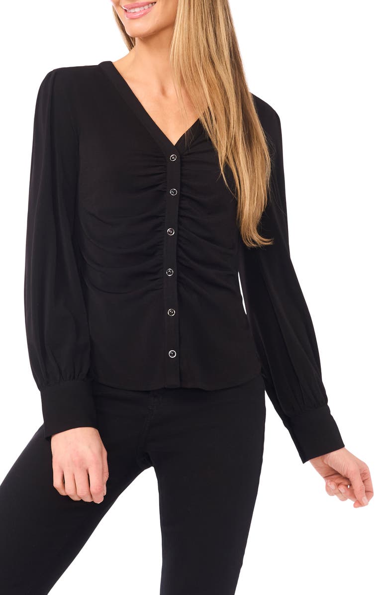 CeCe Shirred V-Neck Button-Up Shirt, Main, color, Rich Black