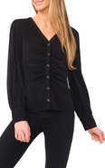CeCe Shirred V-Neck Button-Up Shirt