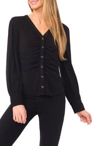 CeCe Shirred V-Neck Button-Up Shirt