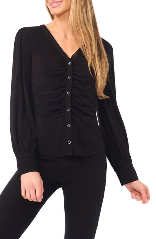 Cece Shirred V-neck Button-up Shirt In Black