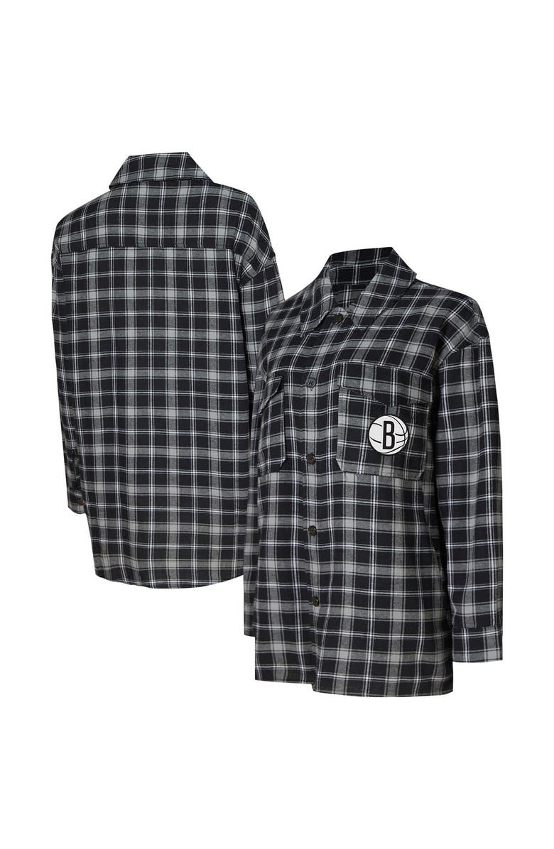 College Concepts Women's College Concepts Black/Gray Brooklyn Nets Boyfriend Button-Up Nightshirt, Alternate, color, Black