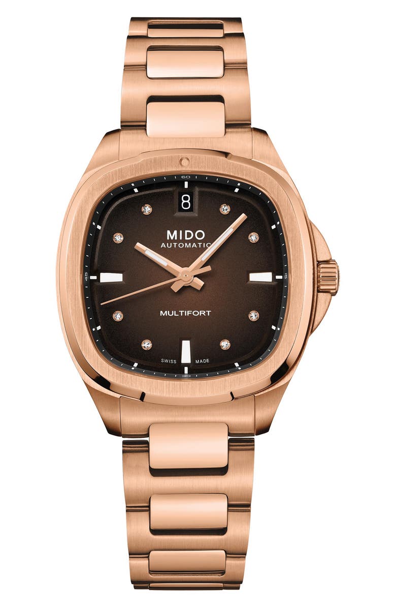 MIDO Multifort Diamond Square Automatic Bracelet Watch, 35mm, Main, color, Brown