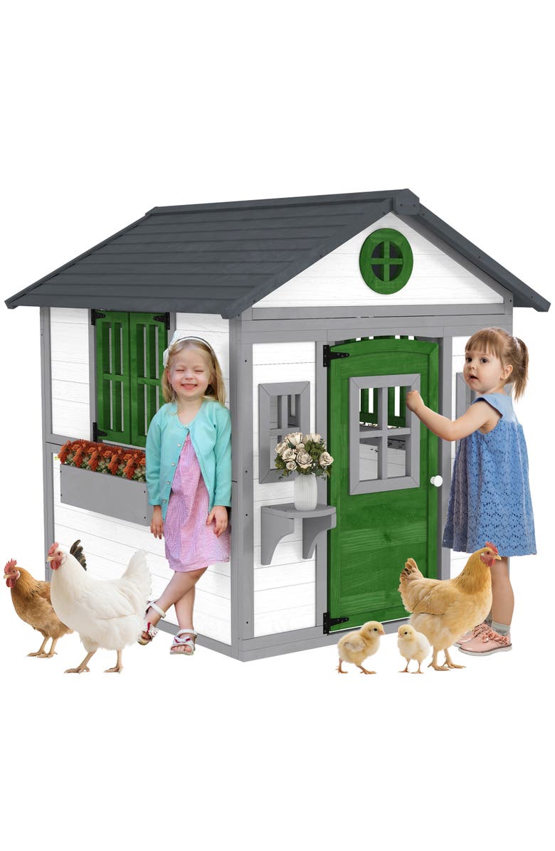 Outsunny Playhouse for Kids with Doors, Windows, Planter Pots, Indoor/Outdoor Use, Main, color, 