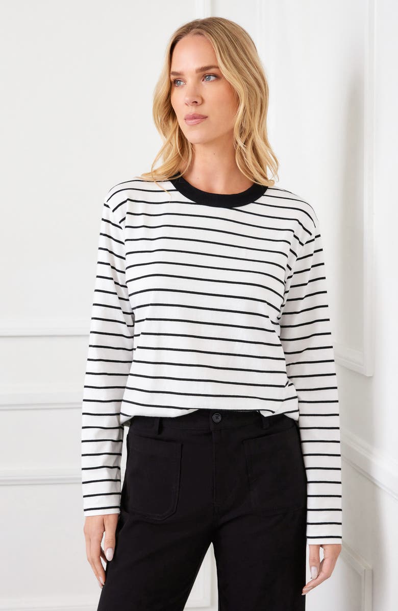 Karen Kane Stripe Crewneck Long Sleeve Cotton Top, Alternate, color, Off White W/ Black