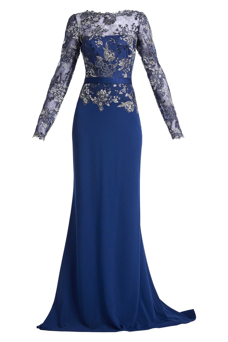 Floral Lace Embroidery Long Sleeve Gown, Alternate, color, MIDNIGHT