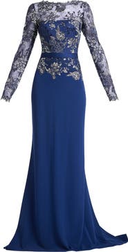 Tadashi Shoji Floral Lace Embroidery Long Sleeve Gown