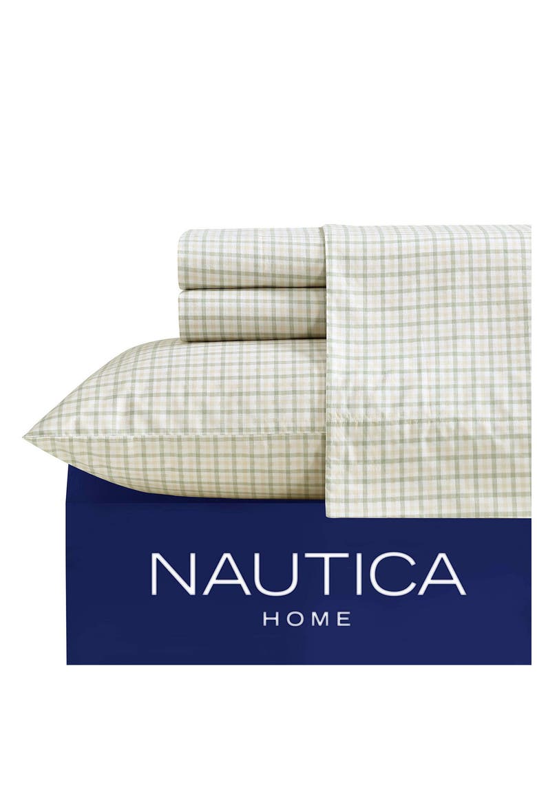 Calms Seas Gingham 200 Thread Count Cotton Percale Sheet Set, Alternate, color, BEIGE/ GREEN CHECK