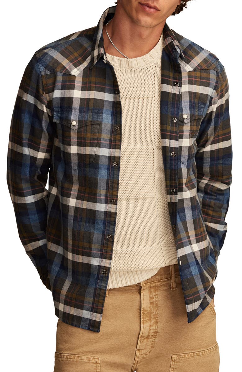 Lucky Brand Indigo Plaid Flannel Snap-Up Western Shirt, Main, color, 