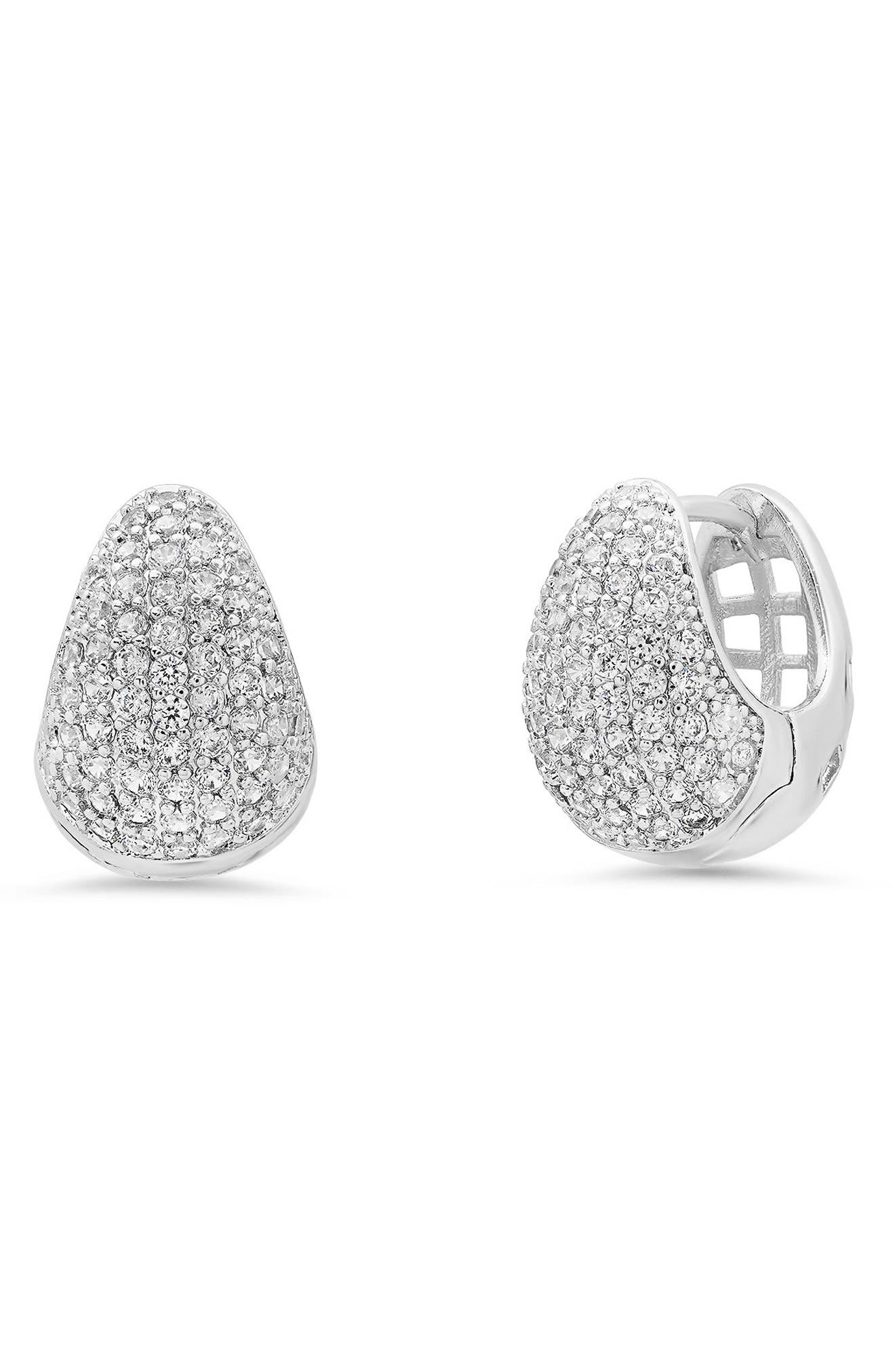 HMY JEWELRY 18K White Gold Plated Pavé Cubic Zirconia Huggie Hoop Earrings