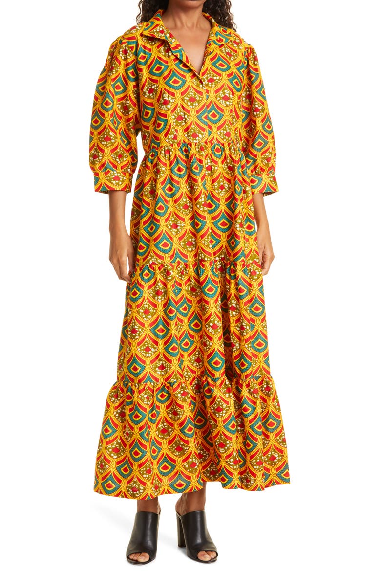 Crown Print Tiered Midi Dress (Nordstrom Exclusive), Main, color, GOLDEN RED TEAL