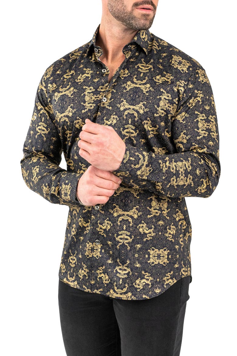 Fibonacci Goldendragon Black Contemporary Fit Button-Up Shirt, Alternate, color, BLACK