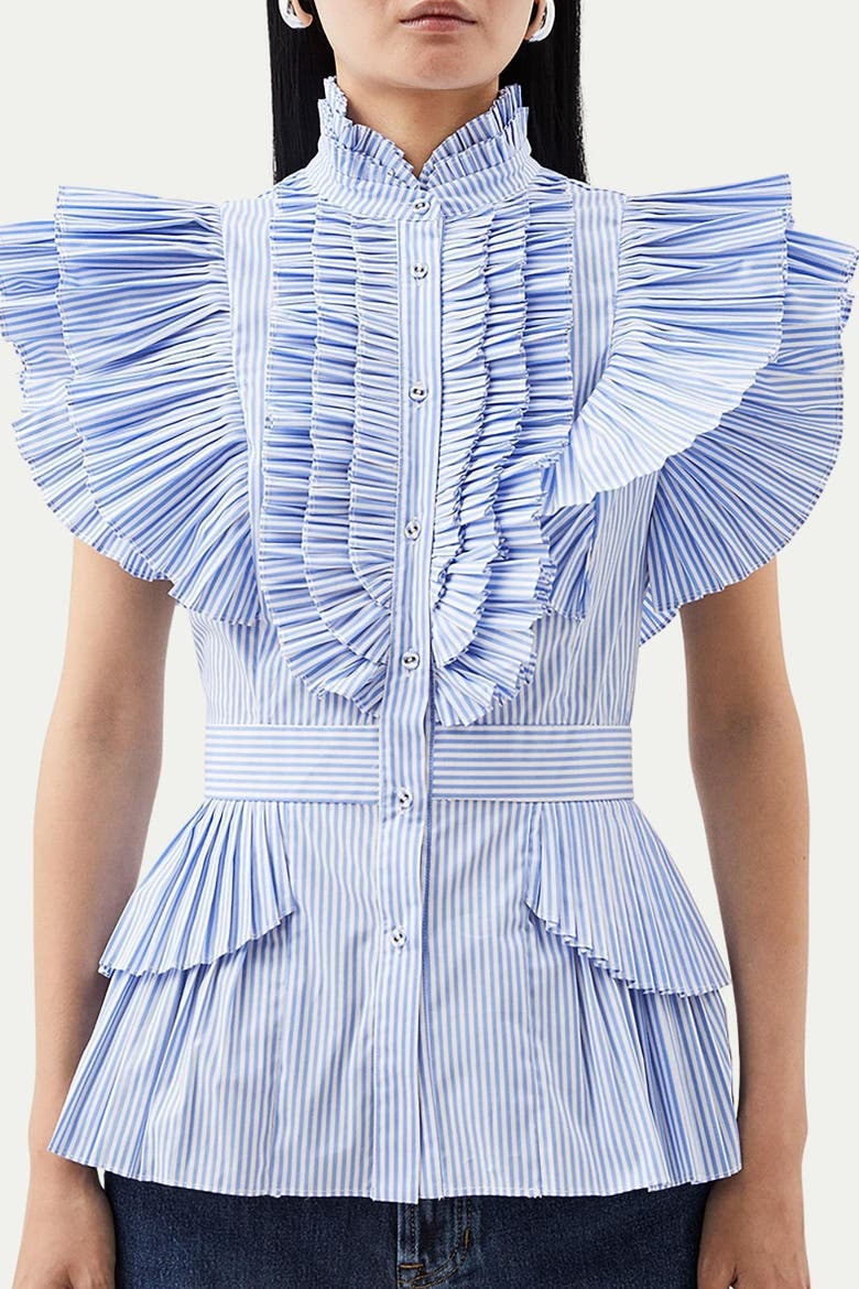 Sleeveless Striped Pleated Ruffle Blouse, Alternate, color, Stripe