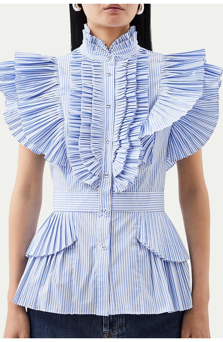 Karen Millen Sleeveless Striped Pleated Ruffle Blouse, Alternate, color, Stripe