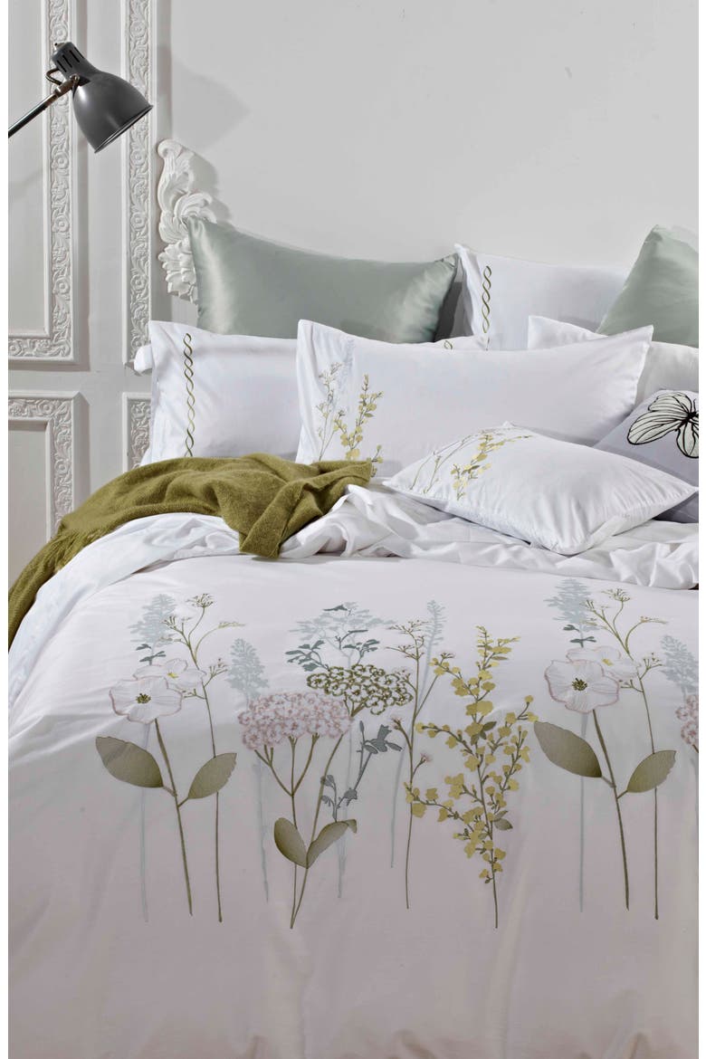 Full/Queen Spring Blossom Embroidered Cotton Duvet 2-Piece Set - White/Green, Main, color, WHITE/ GREEN