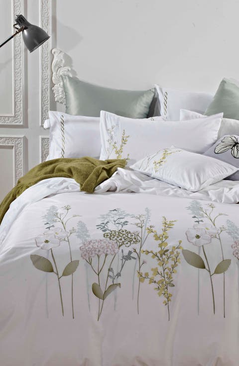 Full/Queen Spring Blossom Embroidered Cotton Duvet 2-Piece Set - White/Green