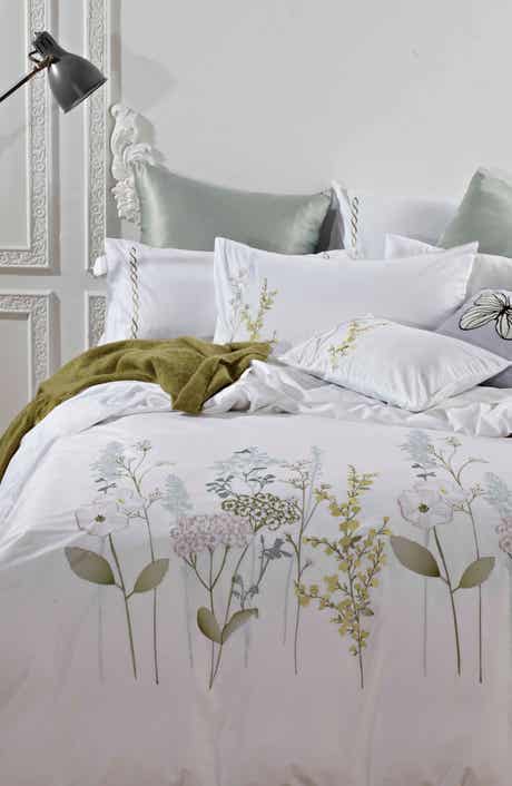 MELANGE HOME Full/Queen Spring Blossom Embroidered Cotton Duvet 2-Piece Set - White/Green
