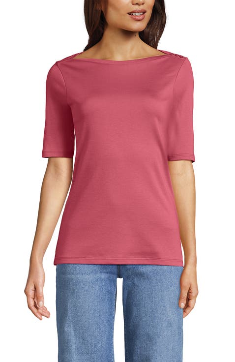 Supima Cotton Elbow Sleeve Boatneck Button Shoulder Tee