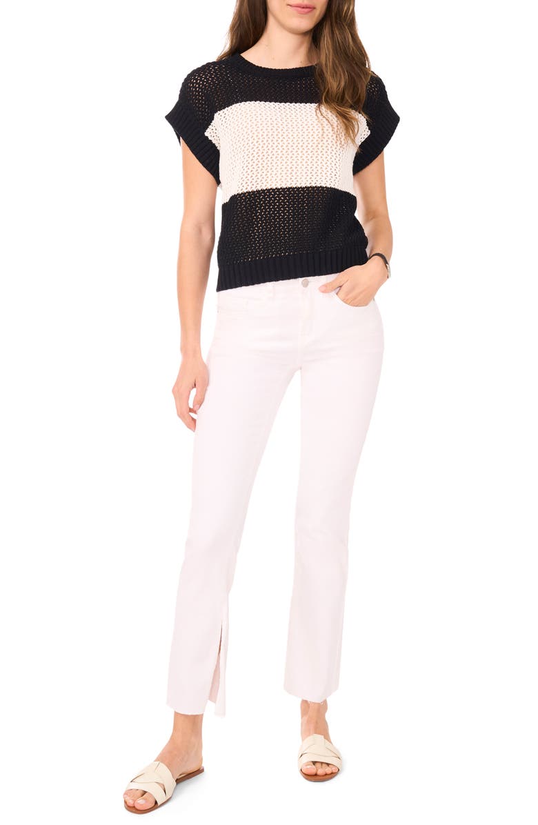 Halogen<sup>®</sup> Open Stitch Colorblock Short Sleeve Sweater, Alternate, color, Rich Black