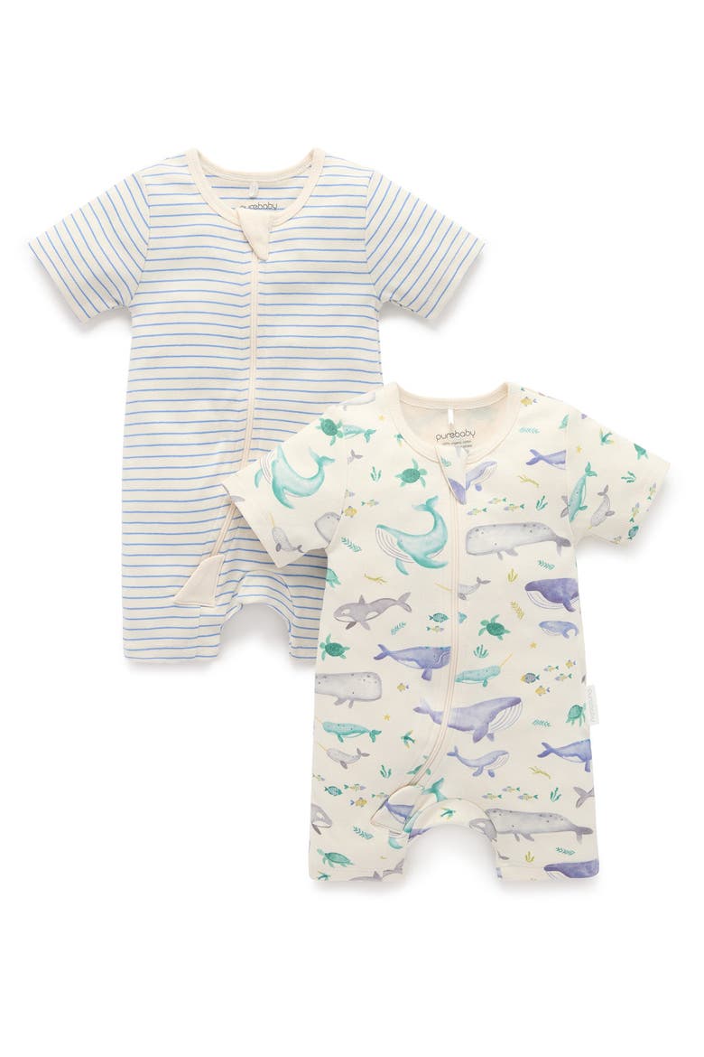 2 Pack Short Sleeve Zip Romper Floral Print, Main, color, Whale Print