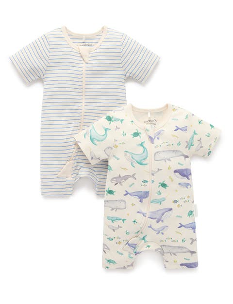 2 Pack Short Sleeve Zip Romper Whale Print