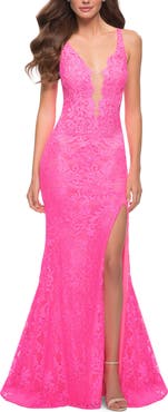 La Femme Stretch Lace Gown with Slit and Open Keyhole Back