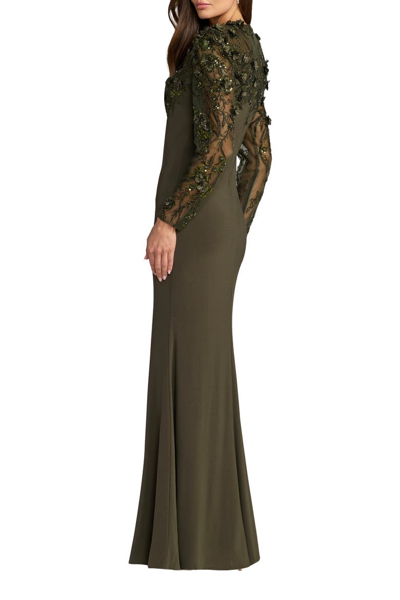 Jersey Long Sleeve Fitted Gown With Floral Beading, Alternate, color, Olive