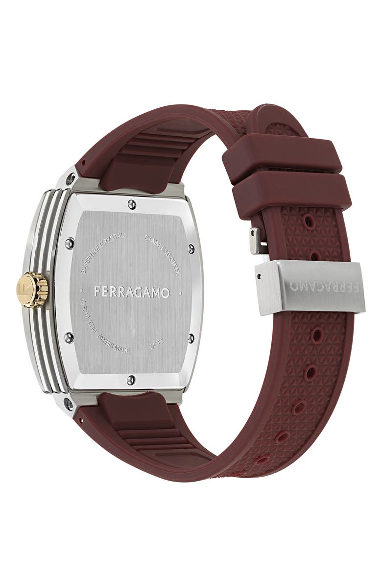 FERRAGAMO F-80 Tonneau Silicone Strap Watch, 42mm, Alternate, color, Ip Stainless Steel/Red