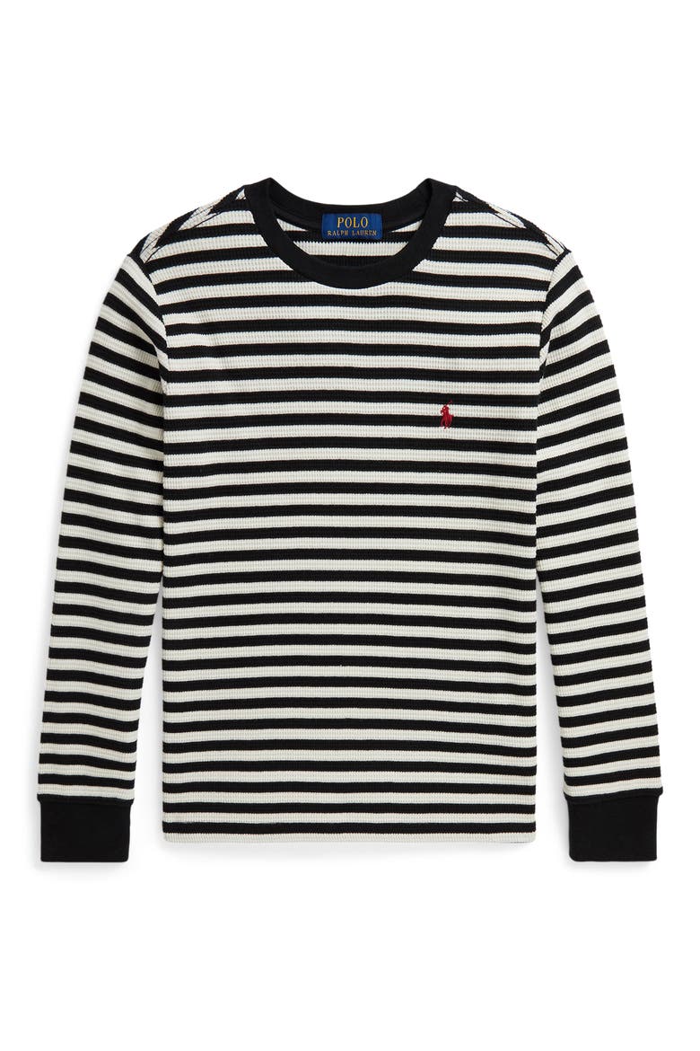 Kids' Waffle Knit Long Sleeve Shirt, Main, color, POLO BLACK/ CLUBHOUSE CREAM