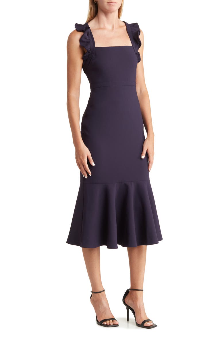Hara Ruffle Strap Midi Dress, Main, color, NAVY