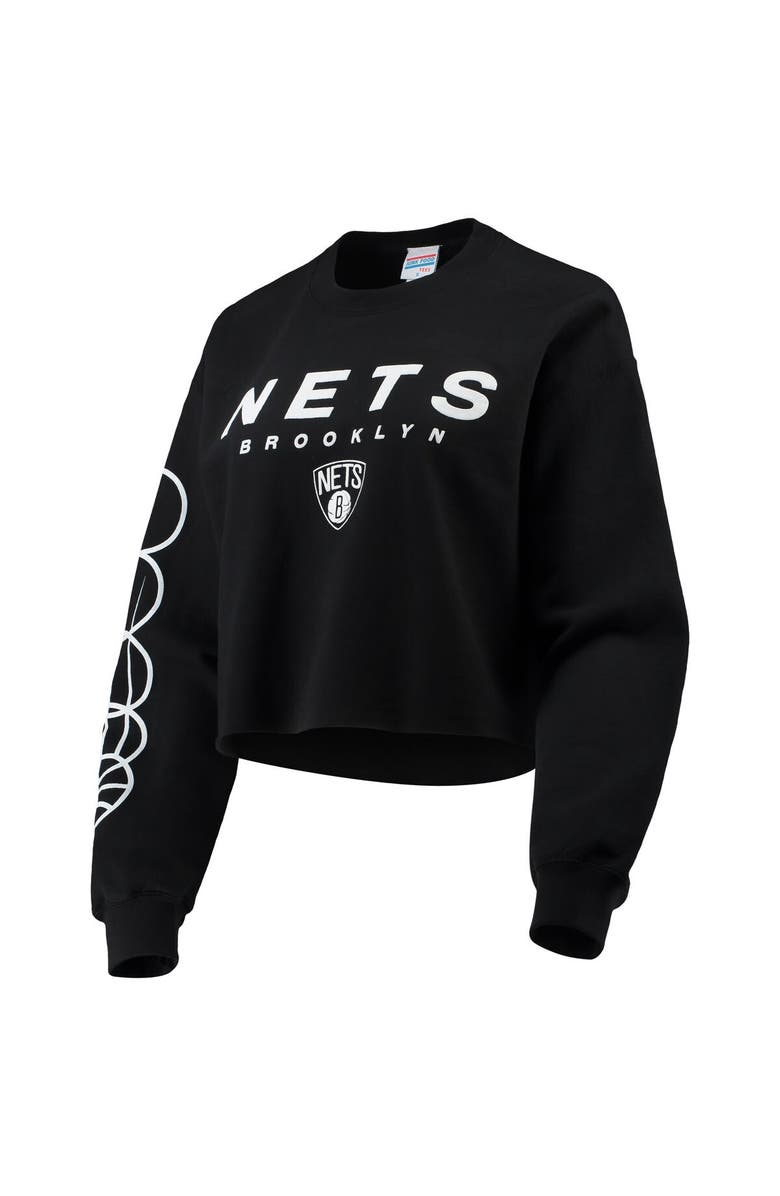 Junk Food Women's Junk Food Black Brooklyn Nets Cut Off Moderate Crop Fleece Crew Sweatshirt, Alternate, color,