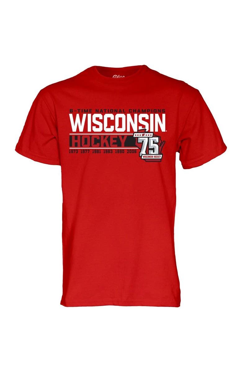 BLUE 84 Men's Blue 84 Red Wisconsin Badgers Men's Hockey 75th Season & Six-Time National Champions T-Shirt, Alternate, color,