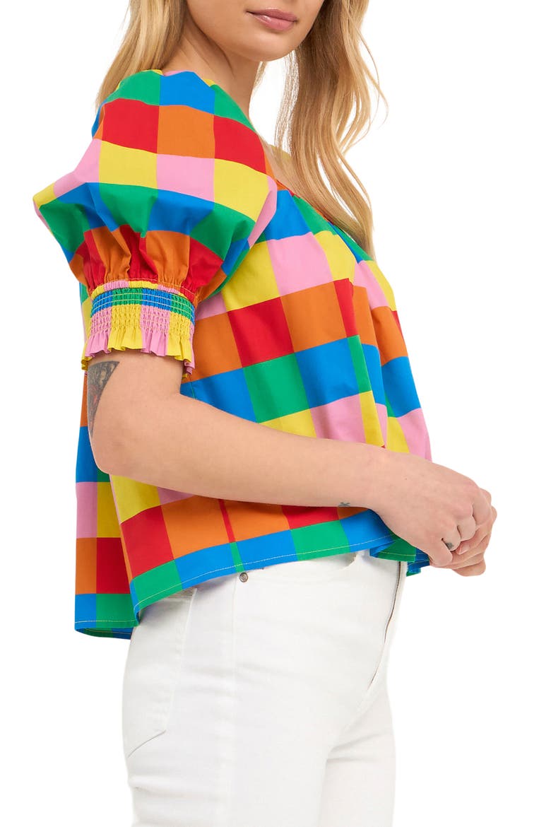 Rainbow Check Puff Sleeve Cotton Top, Alternate, color, MULTI