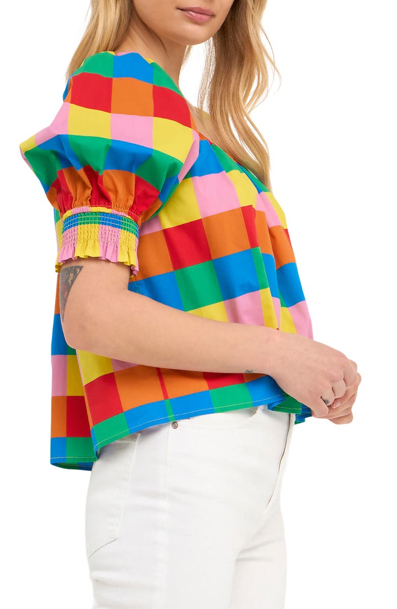 English Factory Rainbow Check Puff Sleeve Cotton Top, Alternate, color, Multi