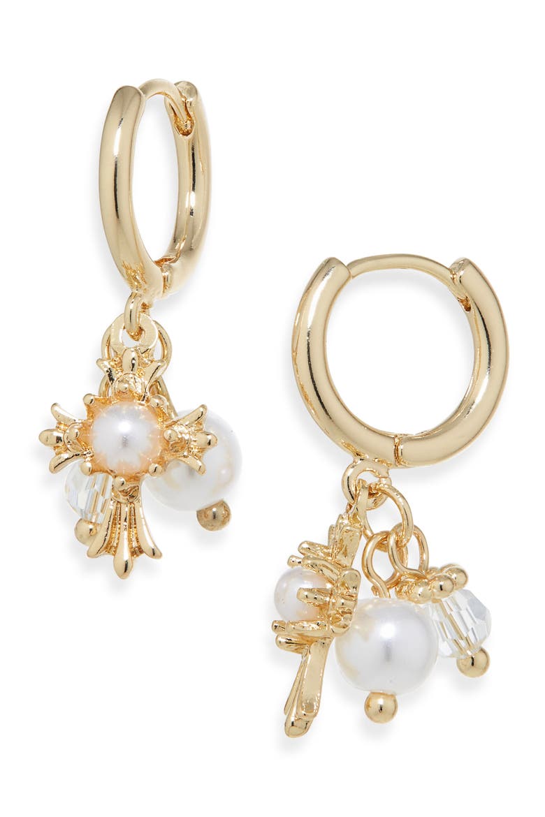 Faux Pearl Charm Hoop Earrings, Main, color, GOLD/ IVORY