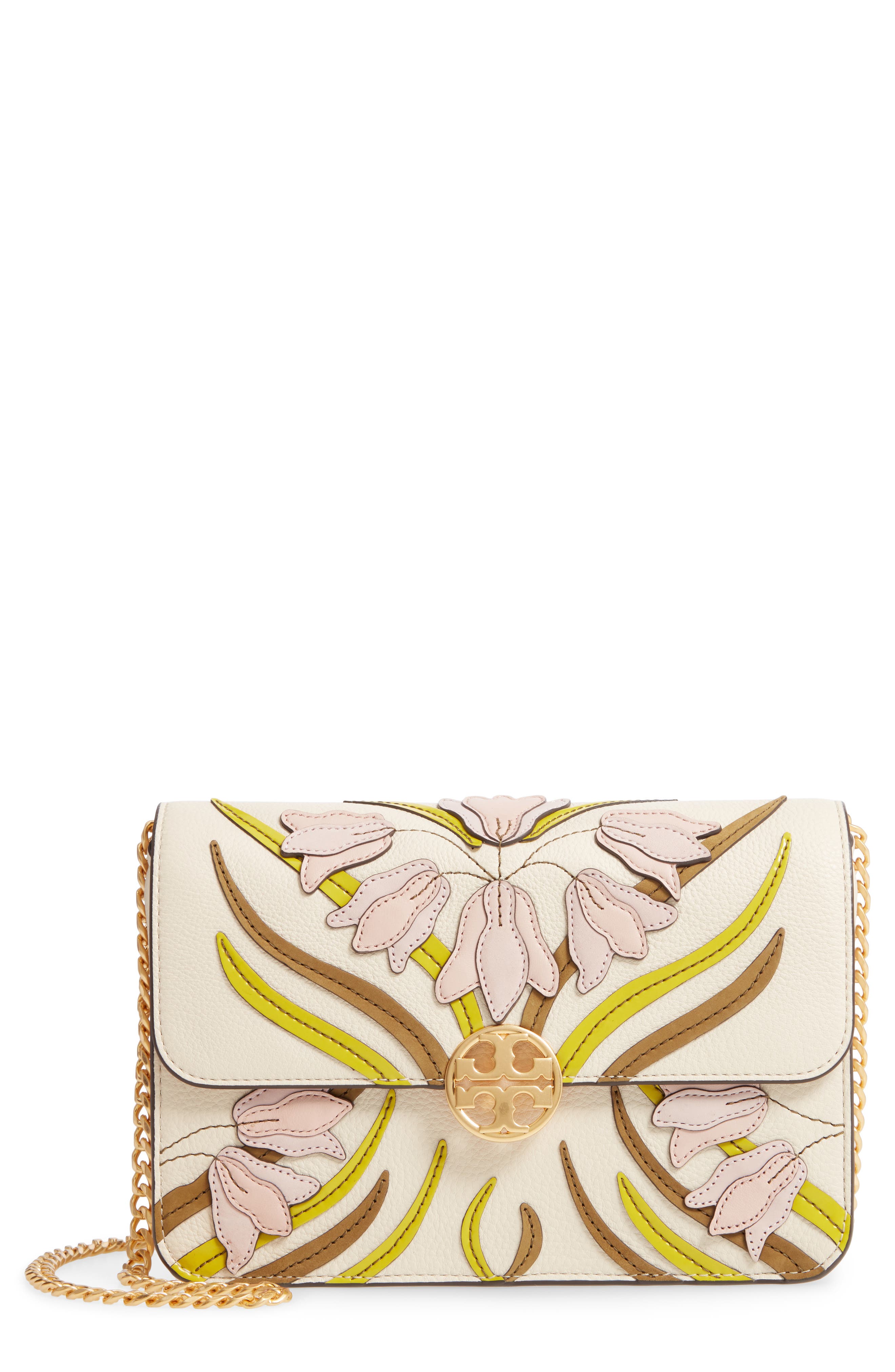 Tory Burch Chelsea Floral Appliqué Leather Shoulder Bag, Main, color, 