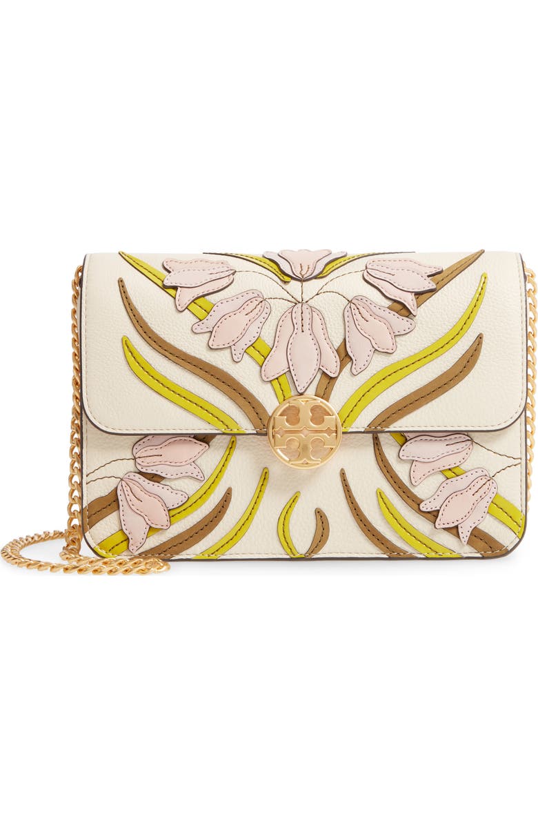 Tory Burch Chelsea Floral Appliqué Leather Shoulder Bag, Main, color,